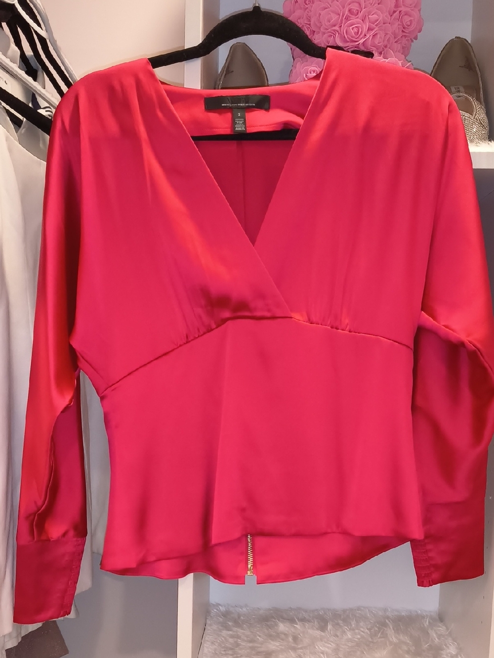 White House Black Market Hot Pink Satin V-Neck Blouse